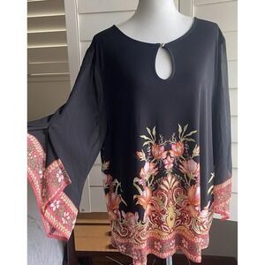 Jm Collection Plus‎ 2XL Key Hole Neck Printed Chiffon Sheer Sleeve Black Floral